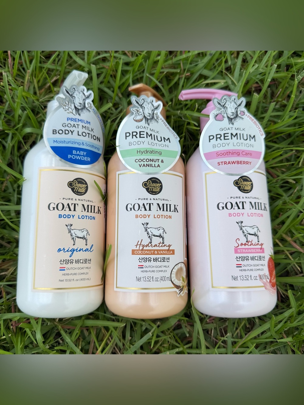 Shower Mate Goat Milk Body Lotion 13.52 Oz Baby Powder Coconut Strawberry